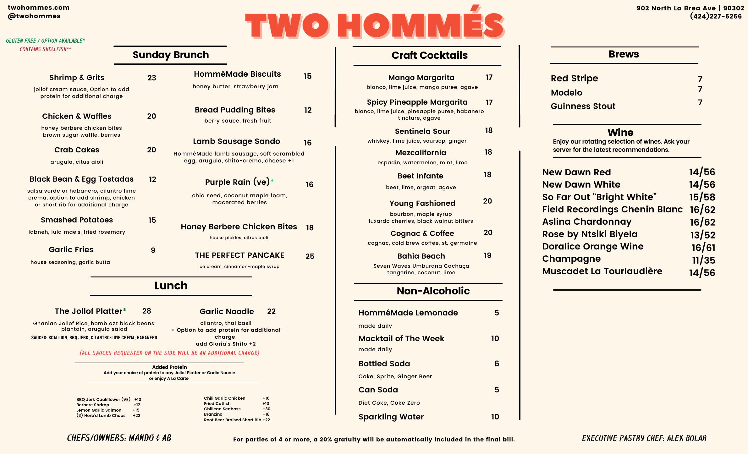 Two Hommés brunch menu