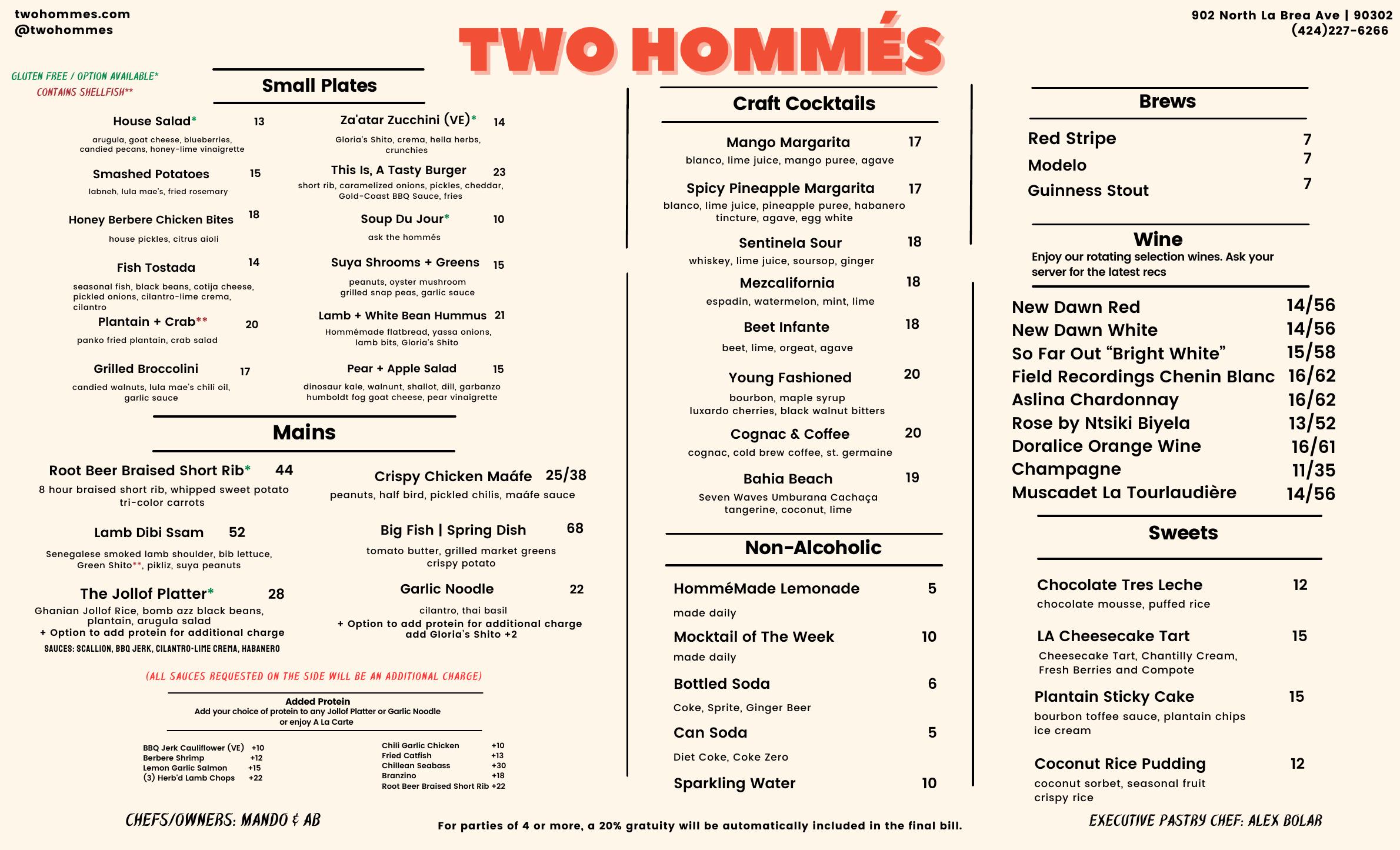 Two Hommés dinner menu