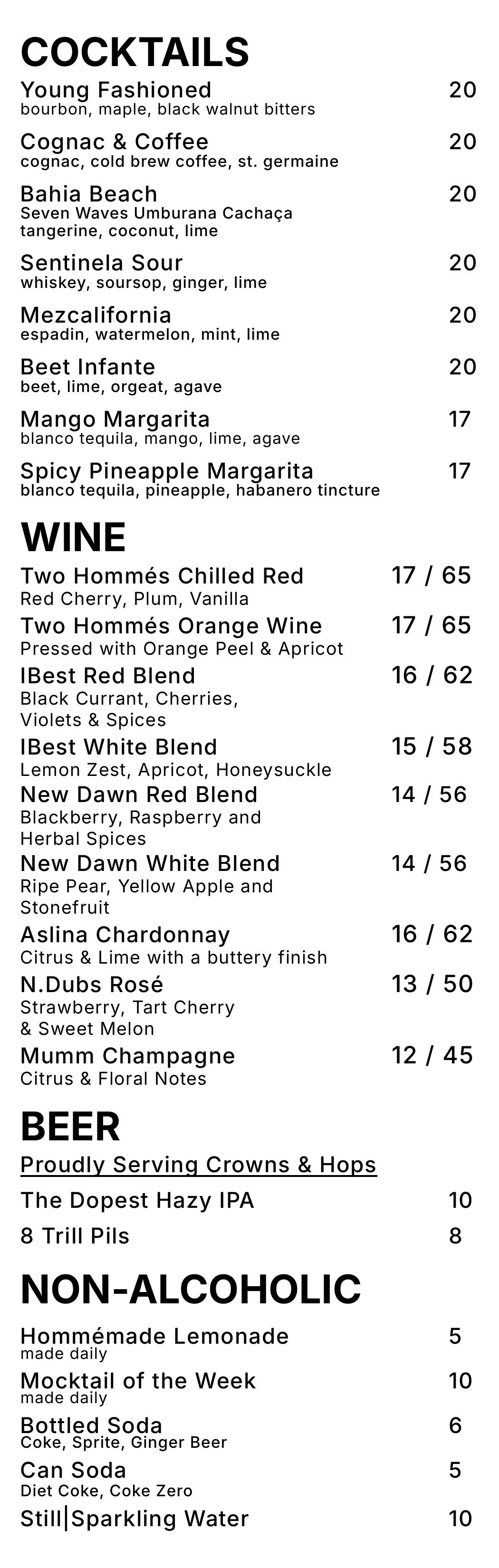 Two Hommés drinks menu